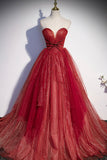 Burgundy tulle sequins long prom dress A line evening gown s55