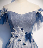 Shiny tulle sequins long prom dress blue evening dress s102