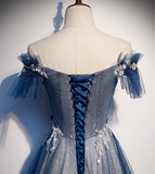 Shiny tulle sequins long prom dress blue evening dress s102