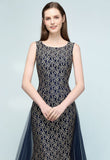 Floor Length Gold Mermaid Sleevless Crew Lace Prom Dresses