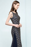 Floor Length Gold Mermaid Sleevless Crew Lace Prom Dresses