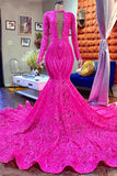 Fuchsia Long Mermaid Deep V-neck Sequined Prom Dress with Sleeves