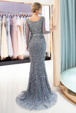 Grey Long Mermaid V-neck Tulle Evening Dresses with Sleeves
