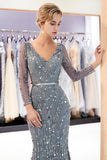 Grey Long Mermaid V-neck Tulle Evening Dresses with Sleeves