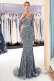 Grey Long Mermaid V-neck Tulle Evening Dresses with Sleeves