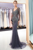 Grey Long Sleeves Mermaid V-neck Beaded Tulle Evening Dresses