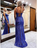 Mermaid Trumpet Prom Dresses Sparkle Shine Dress Formal Wedding Party Sweep Brush Train Sleeveless V Neck Sequined Backless with Glitter Sequin