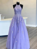Long A-line Halter Tulle Lace Prom Formal Graduation Evening Dresses