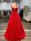 Long A-line One Shoulder Tulle Lace Prom Dress Red Backless Formal Evening Gowns