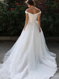 Long A-line Tulle White Prom Dress Off the Shoulder Formal Graduation Evening Dresses