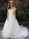 Long A-line Tulle White Prom Dress Off the Shoulder Formal Graduation Evening Dresses