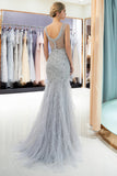 Long Mermaid Jewel Crystal Sqeuined Tulle Evening Dresses