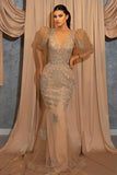 Long Mermaid V-neck Lace Prom Dress with Short Puffy Sleeves