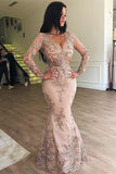 Mermaid V-neck Long Sleeves Appliqued Prom Dresses with Detachable Skirt