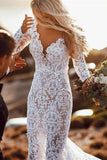 Charming Long Sleeve See Through Lace Rustic Mermaid Wedding Dress MW266