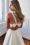 Ivory Satin A-line V-neck Wedding Dresses with Pockets Bridal Gowns MW680