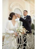 Reception Little White Dresses Wedding Dresses A-Line V Neck Long Sleeve Ankle Length Chiffon Bridal Gowns With Solid Color