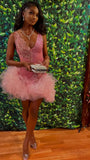 Cute V Neck Pink Short Homecoming Dress and Bottom Tulle Ruffles Pink Birthday Outfit Dress F1069