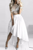 White Two Pieces Lace High Low Evening Dress, Fashion Homecoming Dresses