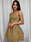 Shiny Short A-line Strapless Sequined Prom Homecoming Dresses