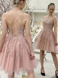 Short A-line Strapless Spaghetti Straps Tulle Lace Backless Formal Prom Homecoming Dresses