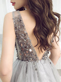 Short A-line V-neck Tulle Beading Backless Prom Homecoming Dresses