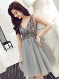 Short A-line V-neck Tulle Beading Backless Prom Homecoming Dresses