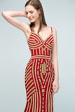 Spaghetti V-neck Mermaid Floor Length Beading Tulle Prom Dresses