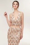 Two-piece Halter Mermaid Long Sequined Patterns Champagne Prom Dresses