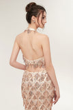 Two-piece Halter Mermaid Long Sequined Patterns Champagne Prom Dresses