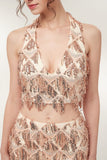Two-piece Halter Mermaid Long Sequined Patterns Champagne Prom Dresses