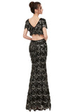Two-piece Mermaid V-neck Short Sleeves Long Sequined Black Prom Dresses