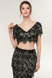 Two-piece Mermaid V-neck Short Sleeves Long Sequined Black Prom Dresses