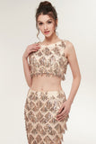 Two-piece Sleeveless Mermaid Floor Length Sequined Champagne Prom Dresses