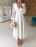 Reception Little White Dresses Wedding Dresses A-Line V Neck Long Sleeve Ankle Length Chiffon Bridal Gowns With Solid Color